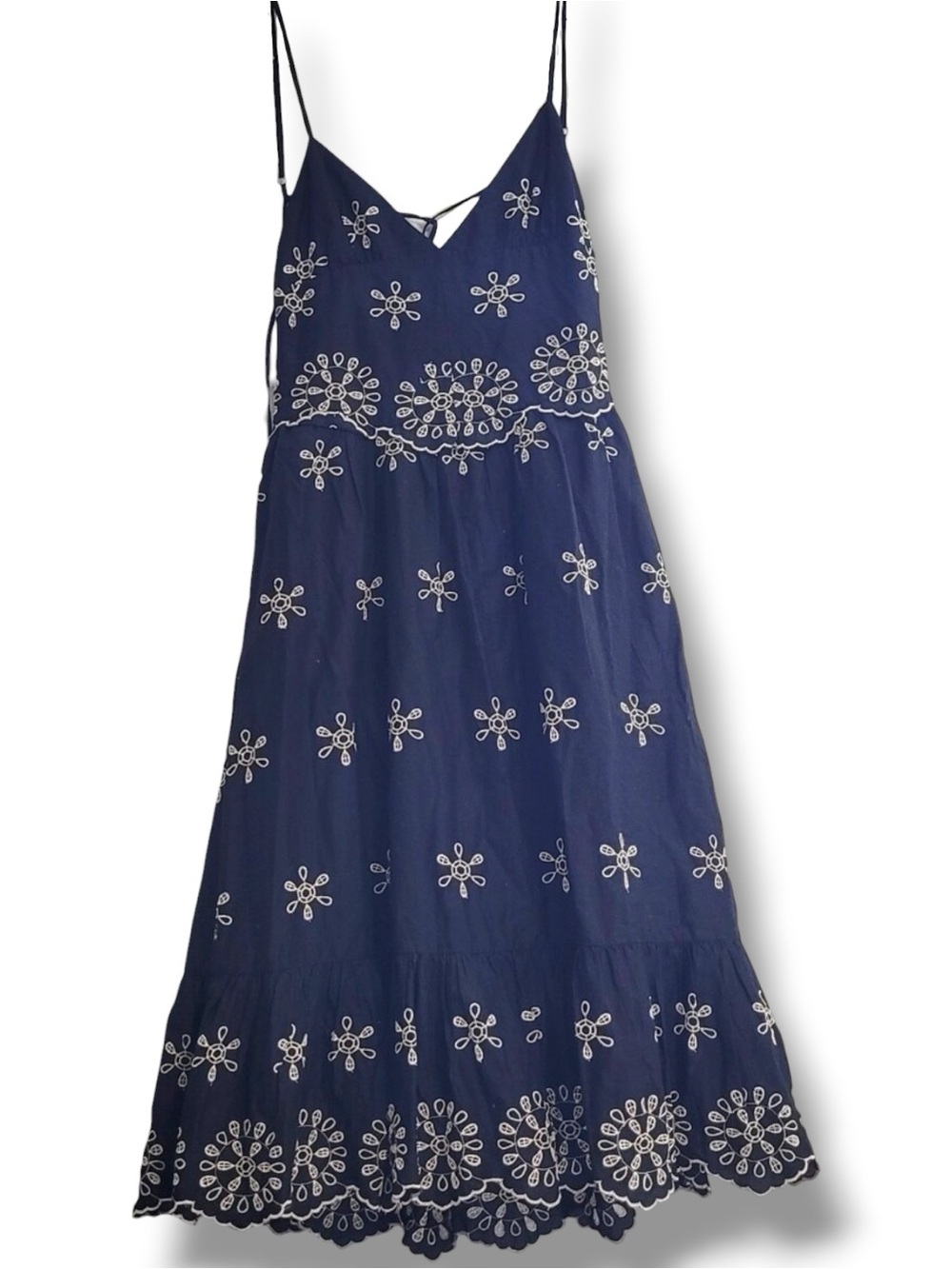 Zara Navy Blue drop waist backless Embroidered boho Spaghetti Strap Midi Dress L